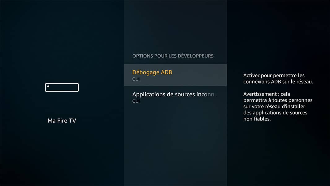 Dans les options pour les développeurs du Firestick/FireTV, l'interface pour activer les connexions ADB