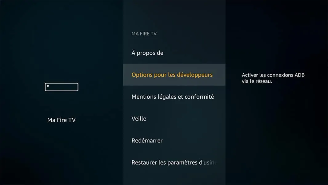 Le menu pour accéder aux options pour les développeurs, sur Firestick/FireTV