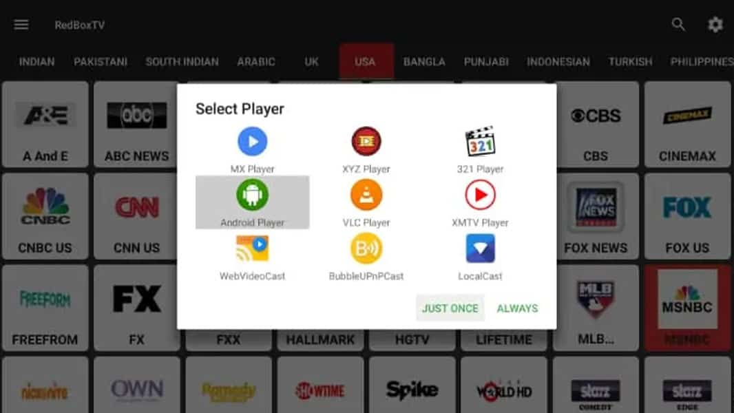 L'interface de l'application RedBox TV qui propose de sélectionner un lecteur vidéo, une fois qu'on a choisi un lien.