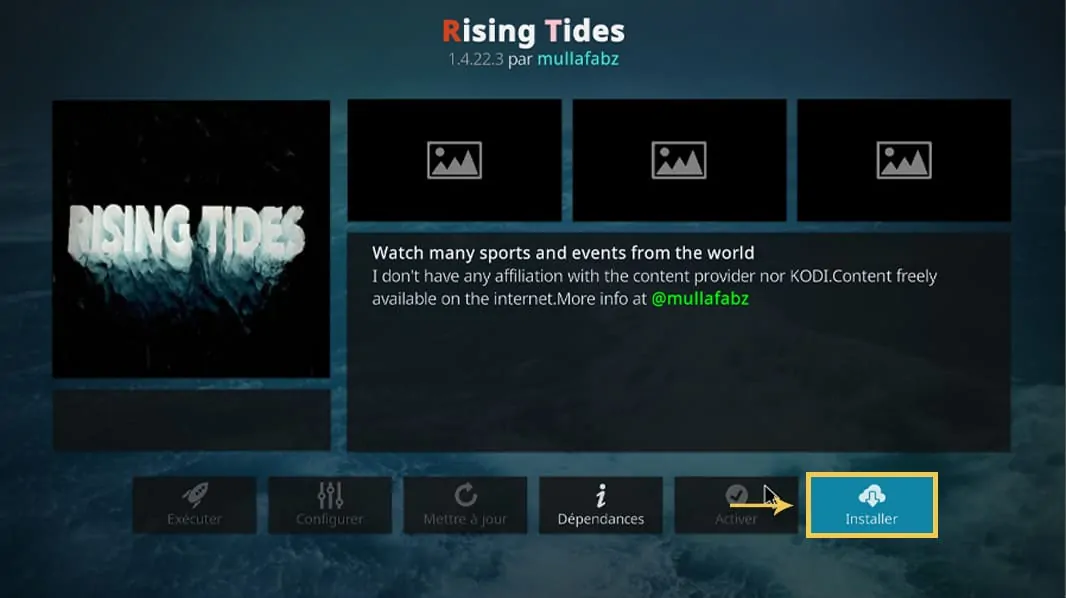 L'interface pour installer l'extension Rising Tides pour Kodi