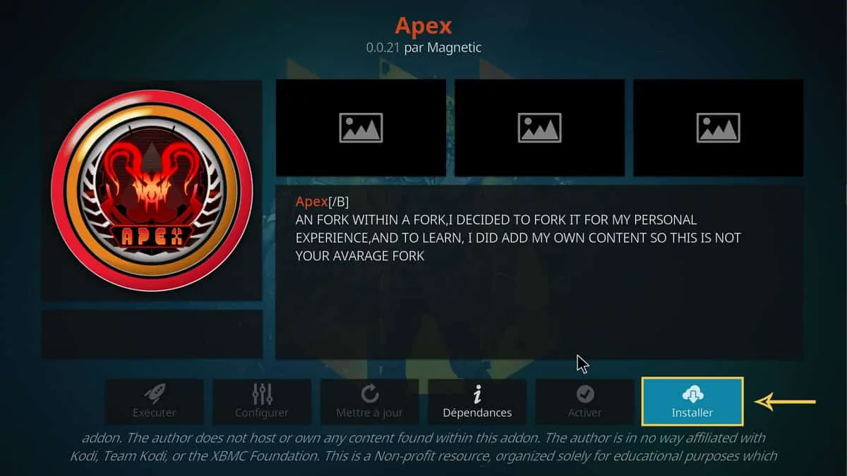 L'interface de l'extension Apex, avec le bouton d'installation