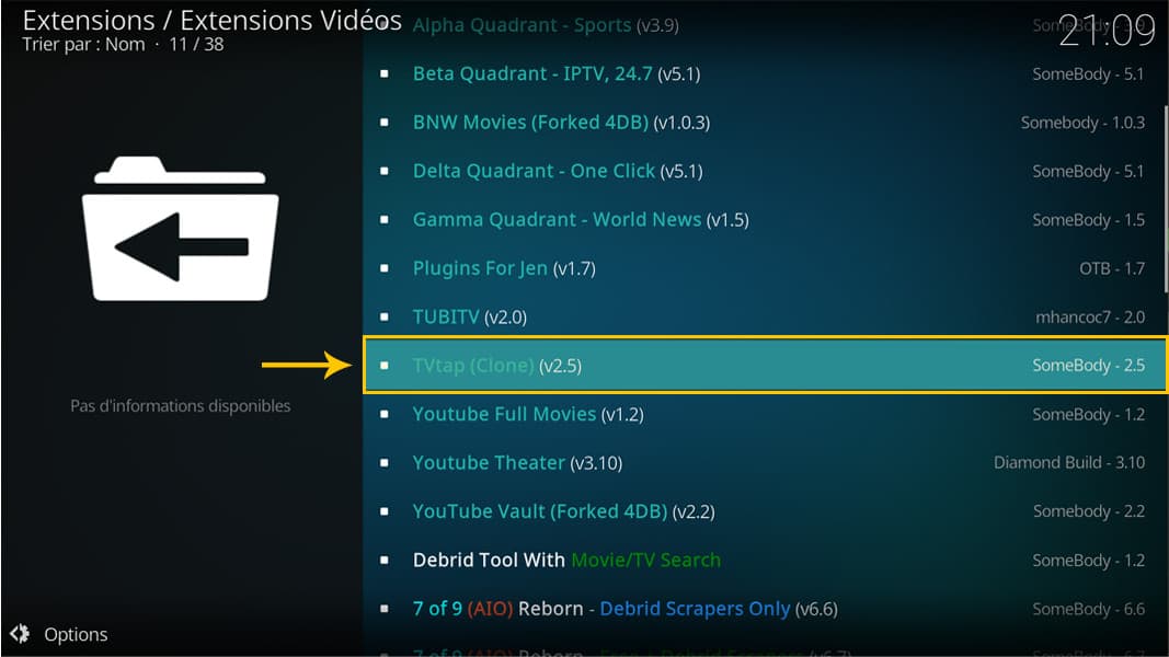 L'interface de sélection des Extensions Vidéos dans Kodi