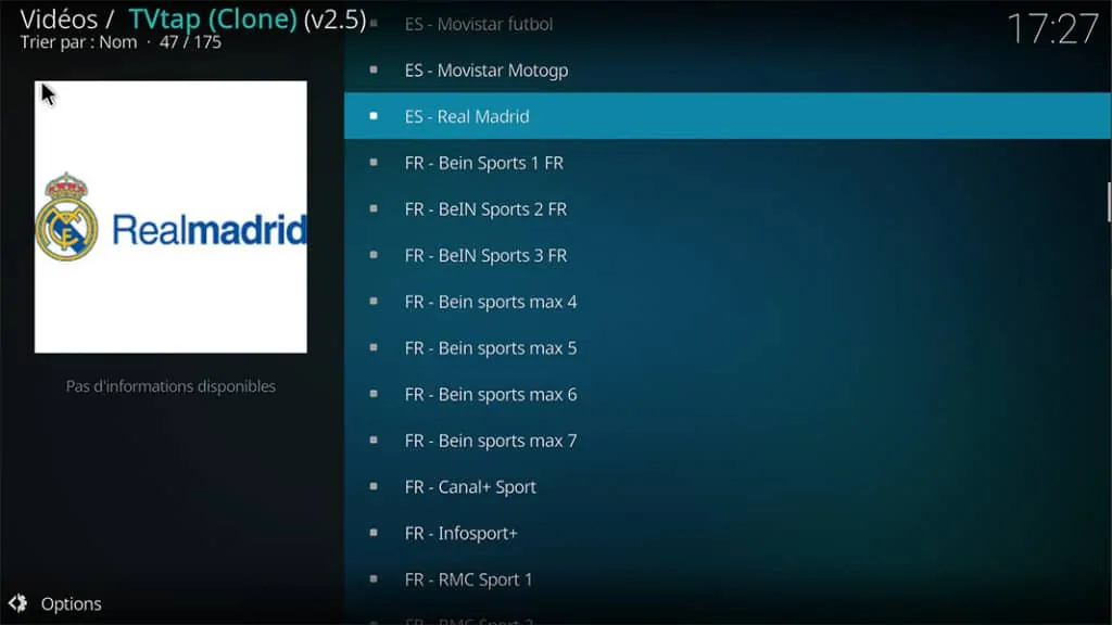 Un aperçu des chaînes disponibles avec l'extension TvTap pour Kodi