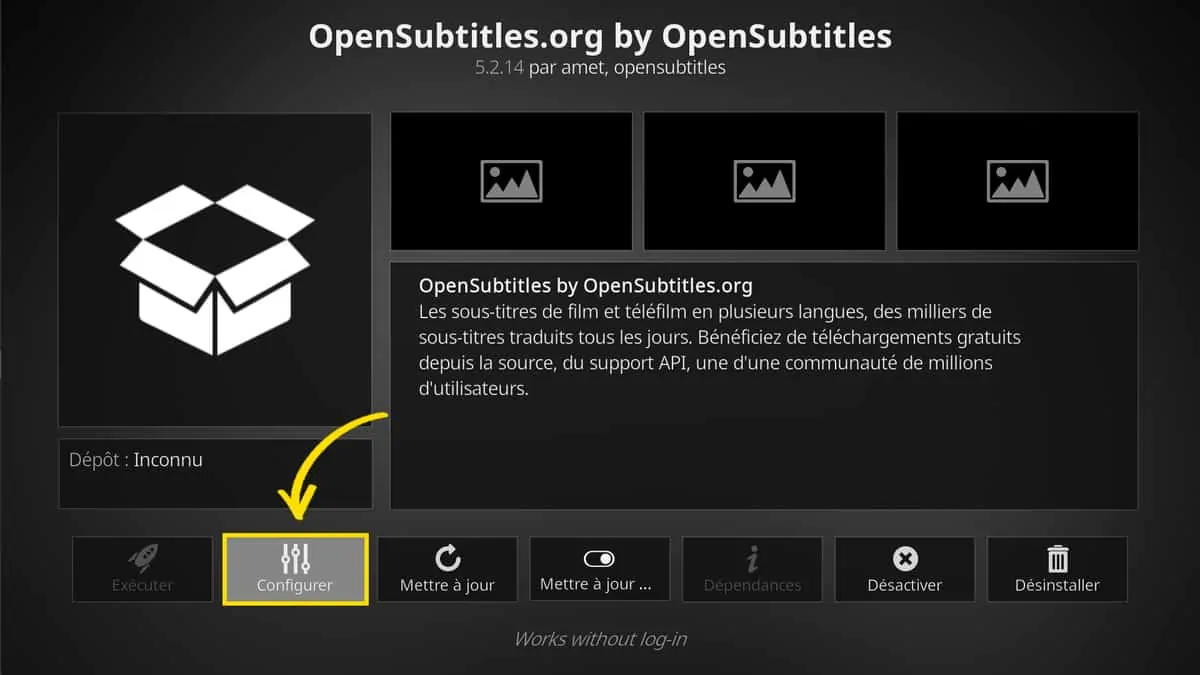 Le bouton pour configurer OpenSubtitles.org dans Kodi