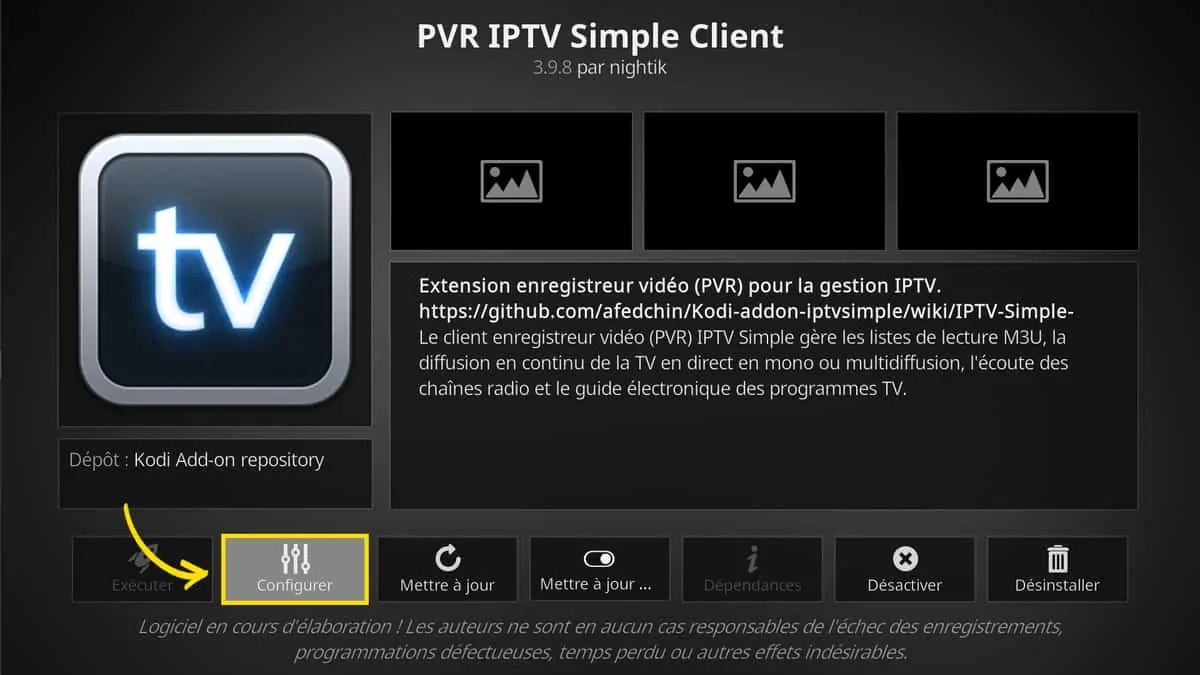 Une fois installé, le PVR IPTV Simple Client peut-être configuré en cliquant sur ce bouton