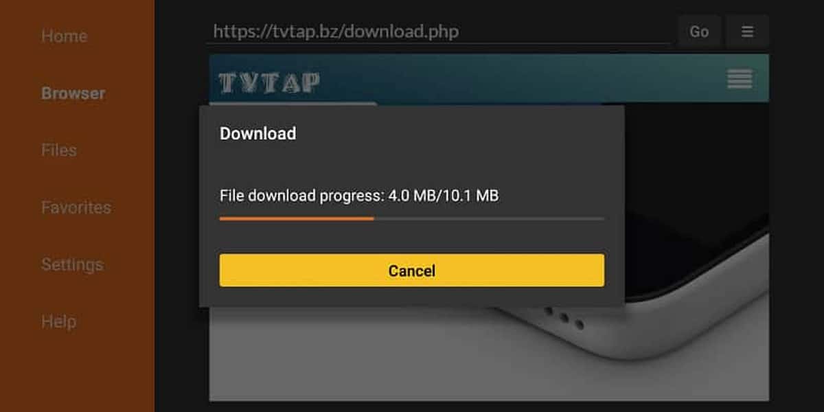 La progression du téléchargement de TVTap, via l'application Downloader