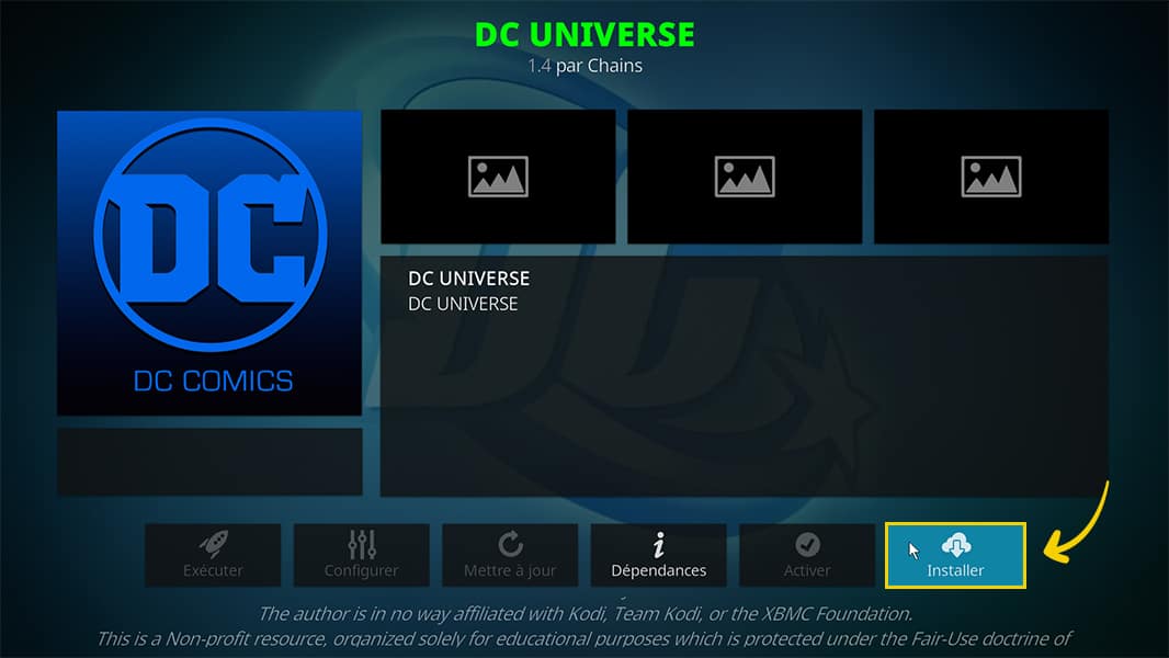 Les paramètres de l'extension DC Universe et le bouton pour l'installer