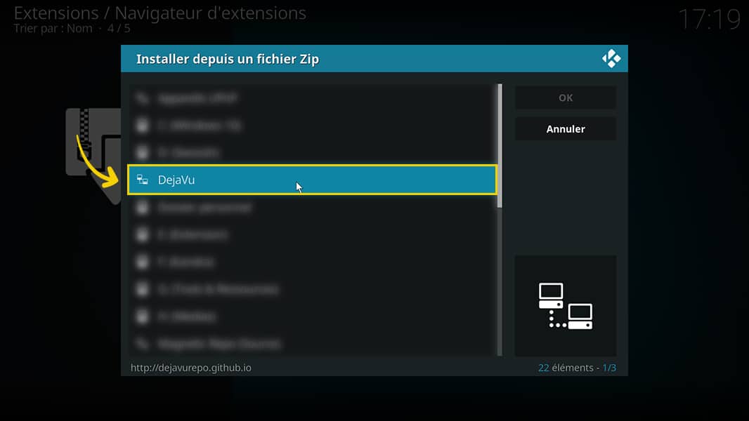 L'interface pour installer depuis un fichier Zip, depuis le navigateur d'extensions de Kodi