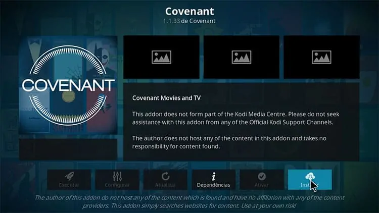 Clique em instalar para instalar para instalar o addon Covenant no Kodi