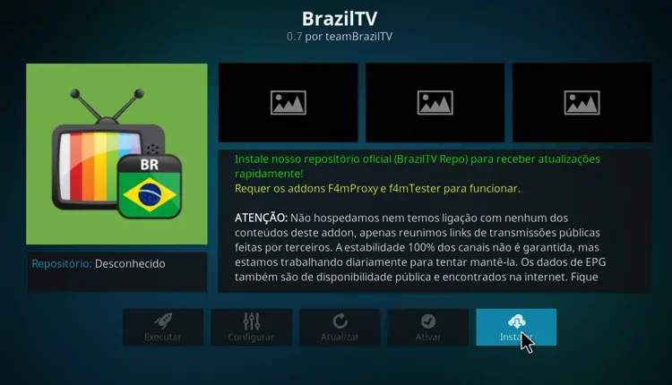 Clique Instalar para instalar o Addon BrazilTV no Kodi