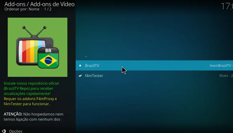 Selecione o BrazilTV para instalar o Addon no Kodi