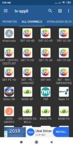 A tela com a lista de Canais IPTV, correspondente à lista que escolheu das Listas IPTV m3u Portuguesas e Brasileiras, é mostrada