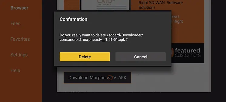 Apague o ficheiro de download do Morpheus TV