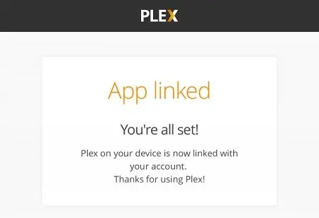 Mensagem de ligação bem sucedida, à conta Plex