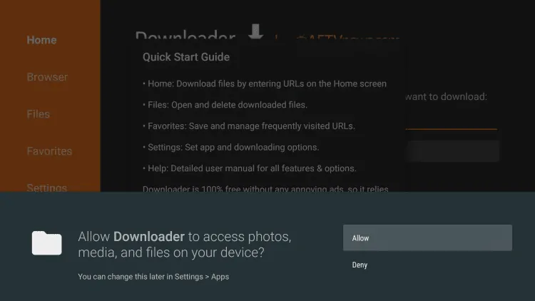 Permita que o aplicativo Downloader aceda a seus ficheiros na Android TV Box