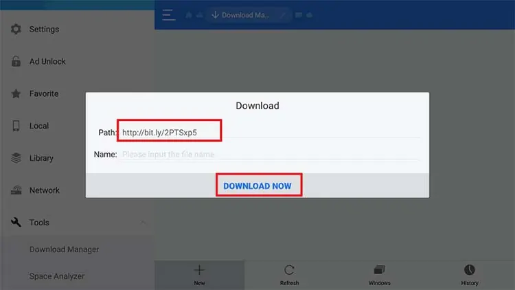 Após entrar o url, faça download now no ES File Manager