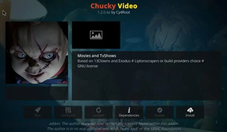 Faça Instalar para finalizar a instalação do addon Chucky Video no Kodi