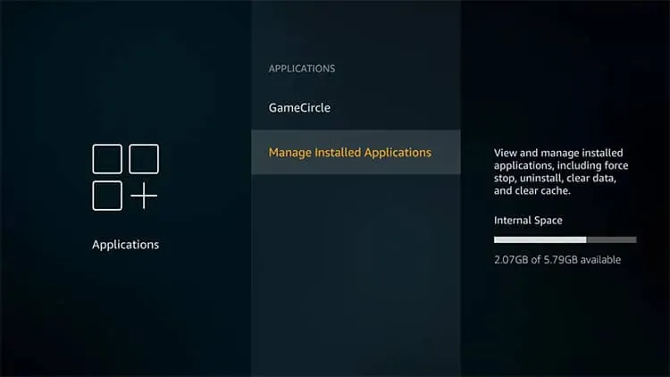 Selecione managed applications para abrir as aplicações instaladas no Firestick
