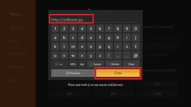 Escreva o URL do ficheiro APK da App RedBox TV