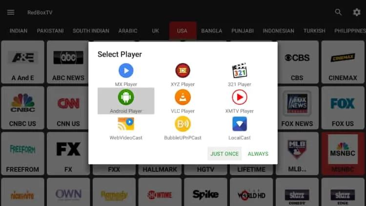 Escolha o leitor para reproduzir os vídeos de seu app RedBox TV