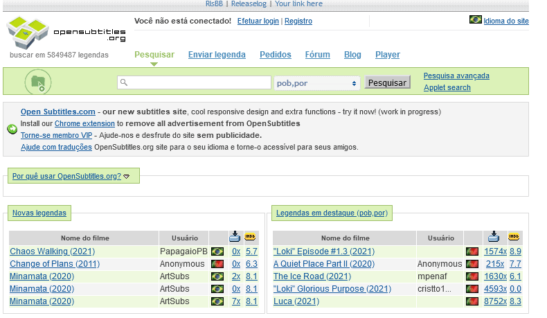 Opensubtitles, é o mais popular dos melhores Sites para fazer download de legendas em Português