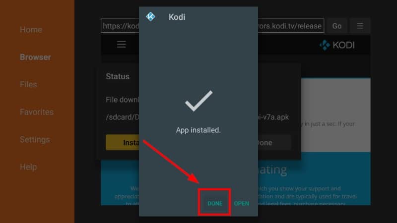 Clique em Done para sair do processo de instalação do Kodi