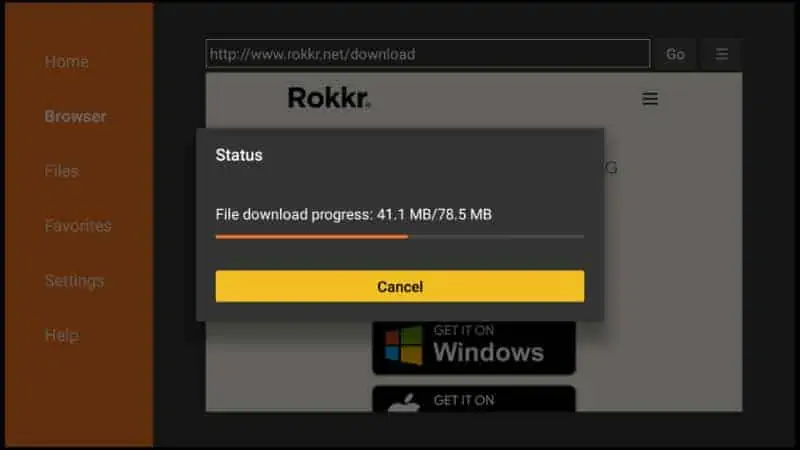 O ficheiro do aplicativo Rokkr esta sendo baixado para sua Fire TV Stick