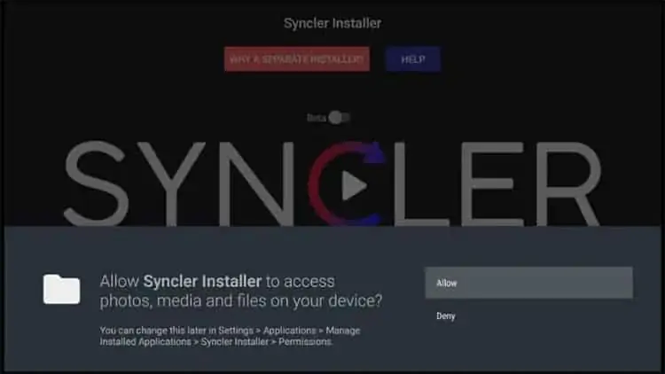 Permissões do aplicativo Syncler