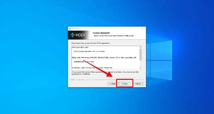 Na tela de contrato, clique em Concordo (Agree) para prosseguir com a instalação do Kodi no Windows