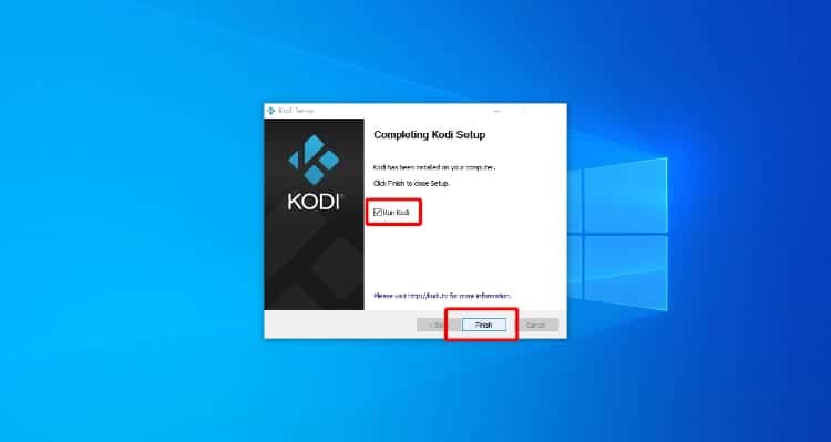 Clique Finish para concluir a instalação do Kodi no Windows