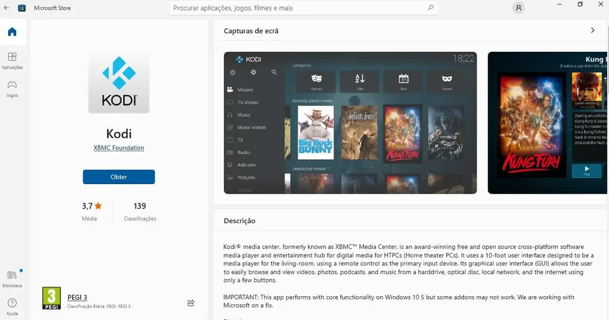 Cliquem Obter para efetuar o Download do Kodi através da Microsoft Store