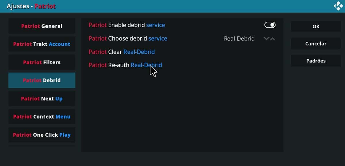 Acessar configurações do Real-Debrid no addon Patriot do Kodi