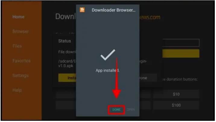 Clique para completar a instalação do Plugin Browser do Downloader