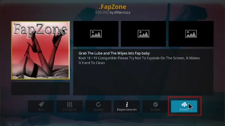 Clique no botão para instalar o addon FapZone no Kodi