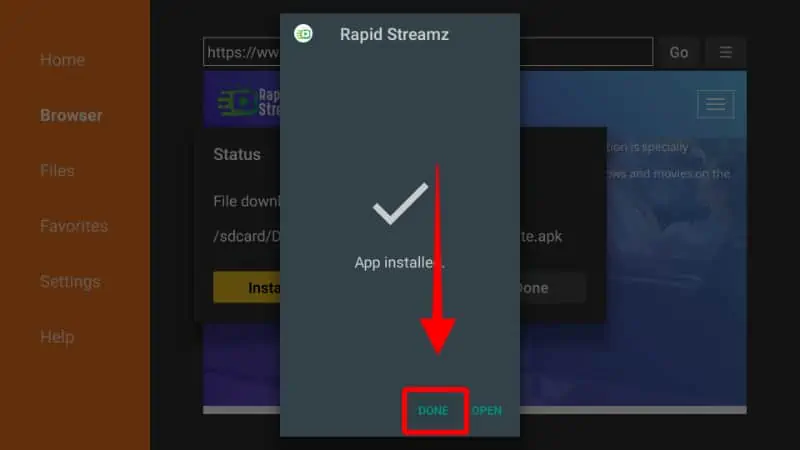 Confirmar a instalação do App Rapid Streamz