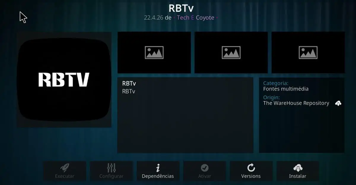 Tela para instalar o addon RBTV no Kodi