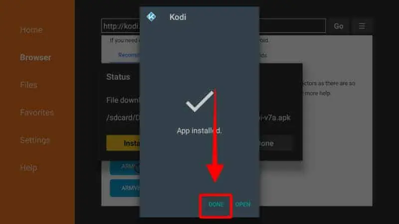 Faça Done para completar a instalação do Kodi App