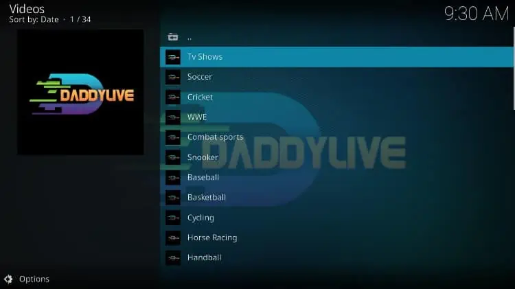 Categorias de tipos de desporto para assistir ao vivo com o Addon DaddyLive, após o instalar no Kodi.
