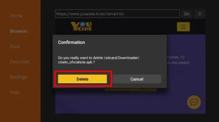 Confirme se realmente pretende apagar o arquivo APK do YouCine que usou para instalar