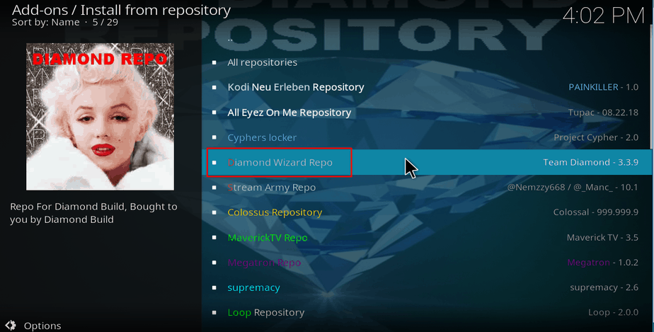 Select Diamond Repo on Kodi's Repos list