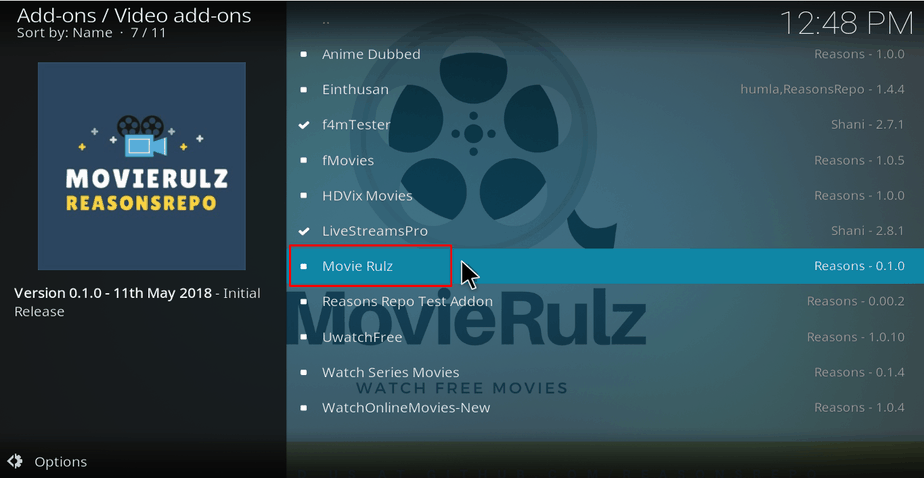 Select Movie Rulz from the Addons list on Kodi
