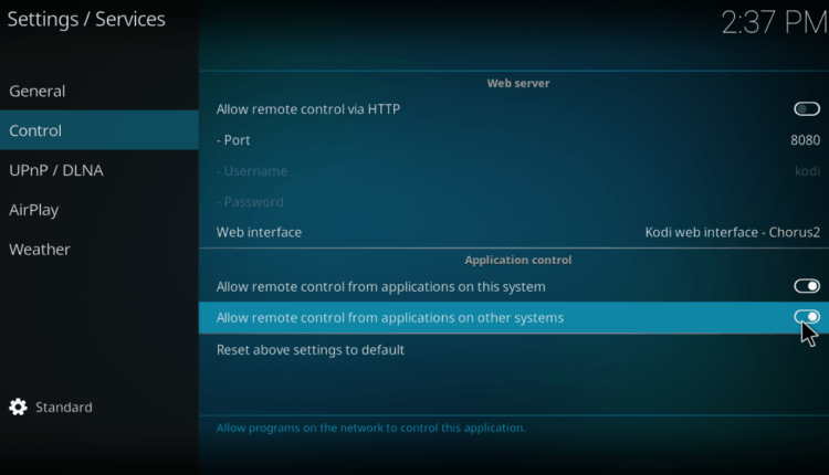 Allow remote control from applications on other systems on Kodi