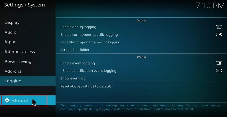 Advanced settings on Kodi's system