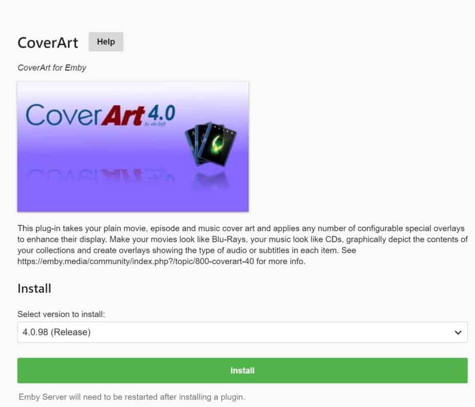 Installing Cover Art plugin on Emby