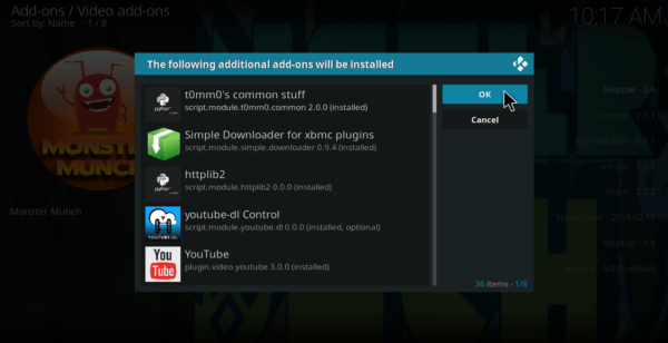 Acknowledge the additional addons install for kodi 18