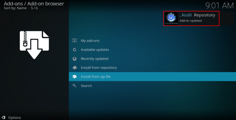 Wait for the successful message of Kodil Repo Installed on Kodi