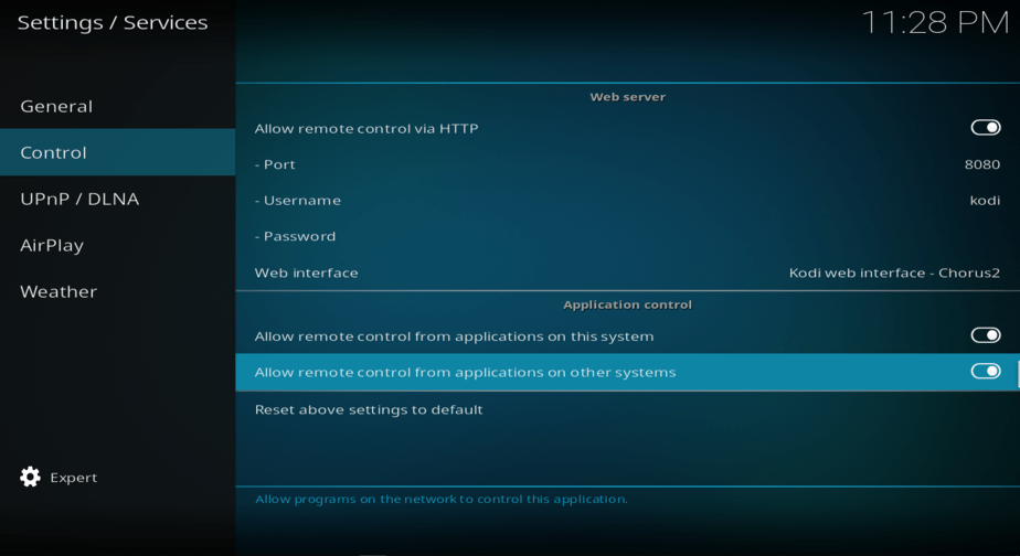 Allow remote control from applications on this system and on other systems on Kodi