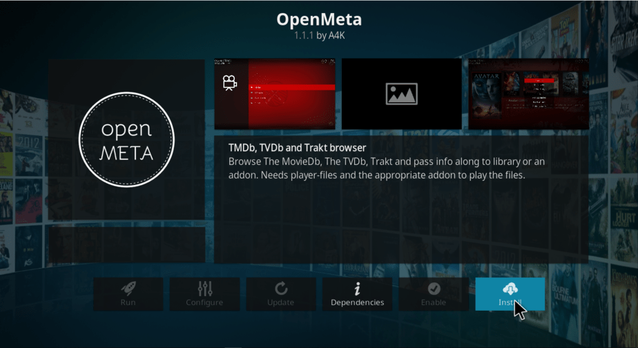 Hit install button to install OpenMeta on Kodi