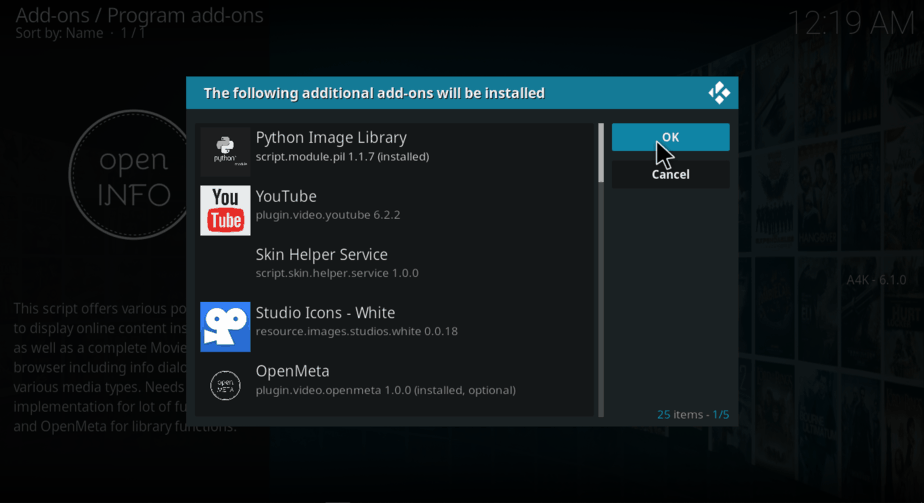Confirm to install additional addons on Kodi