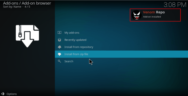 Wait for the successful Venom Repo install message to appear on Kodi